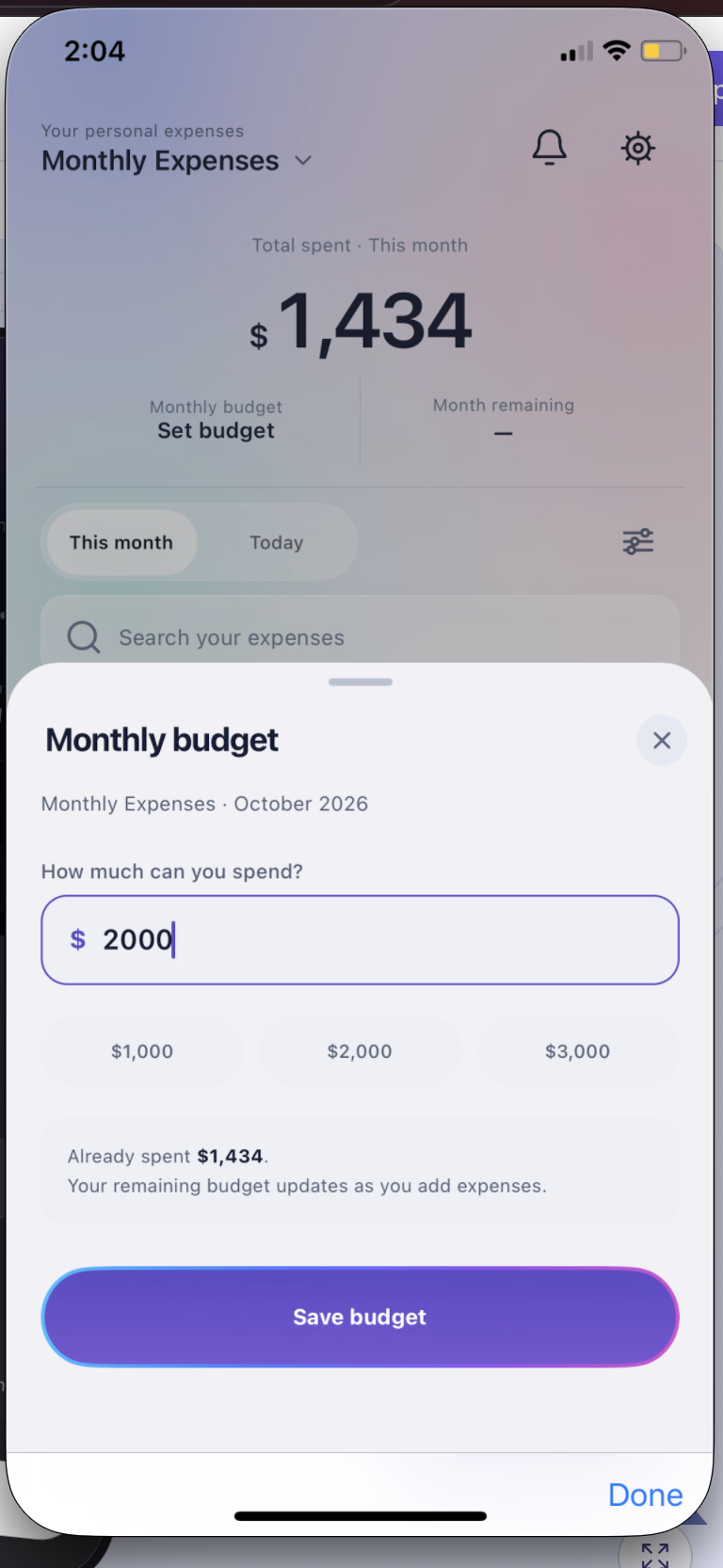 Monthly budget planner showing a $2,000 limit.