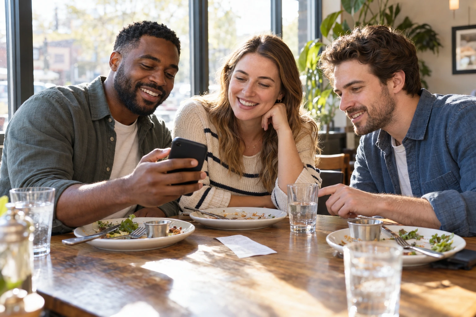 Three friends reviewing a restaurant bill and a phone together.