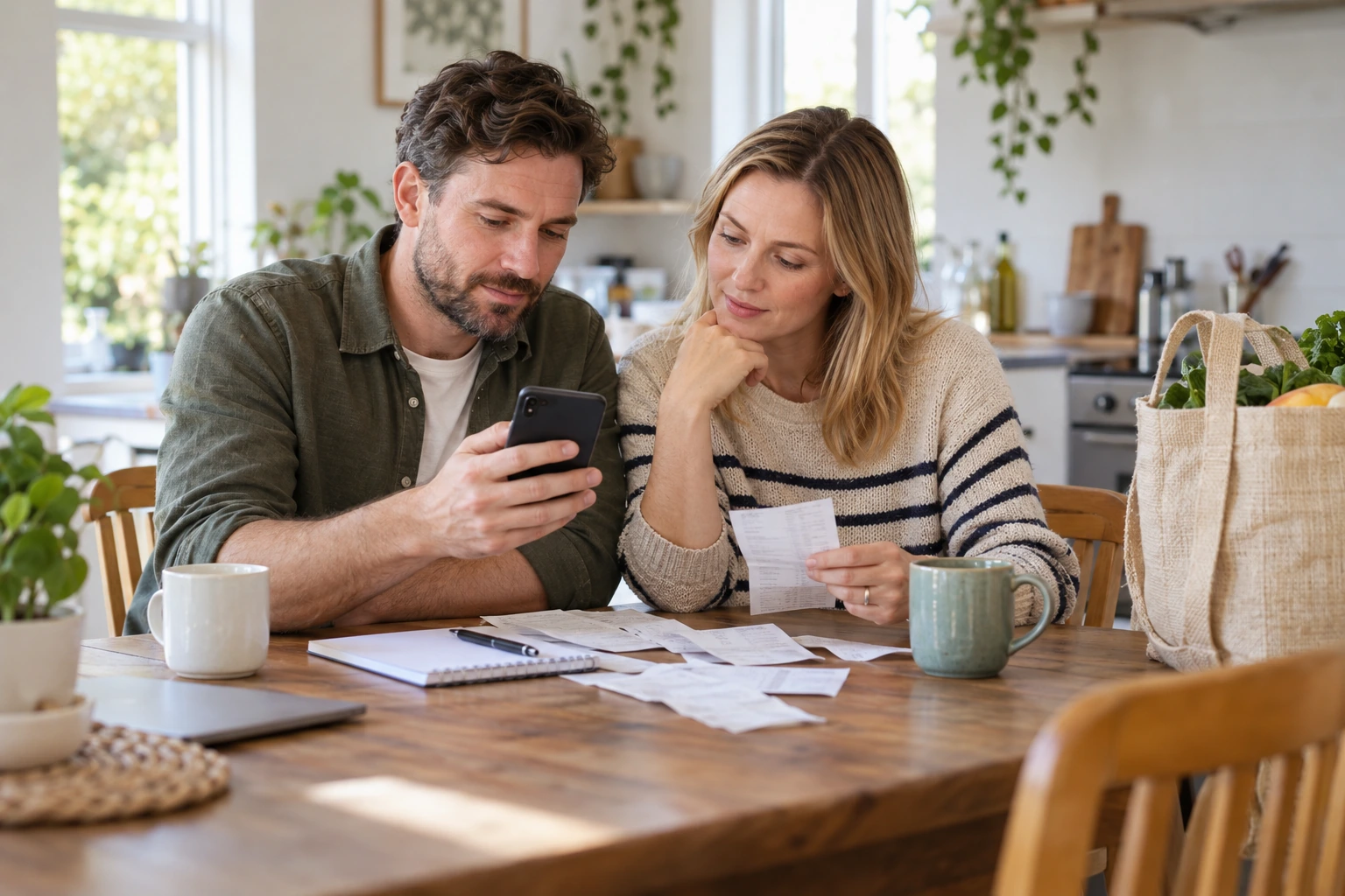 A couple reviewing their monthly household budget with receipts and a phone.