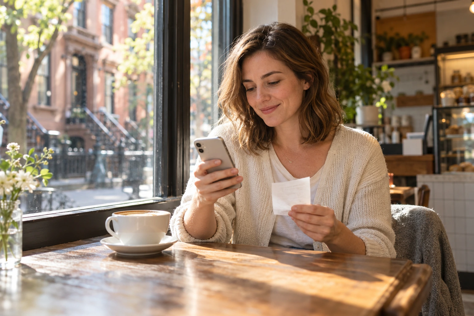 A woman checking her phone after buying coffee at a New York cafe.
