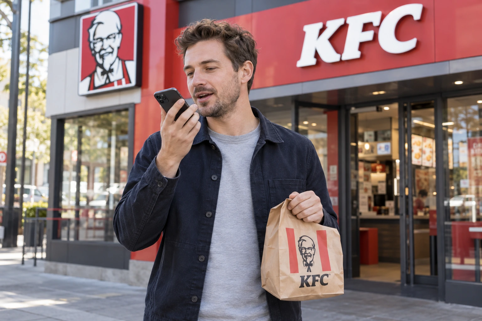 A man recording a takeaway expense by voice outside a restaurant.